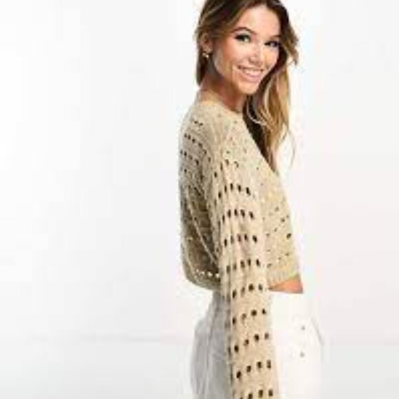 ASOS Pieces Exclusive Open Knit Crochet Sweater Beige Sz XS - Picture 2 of 4